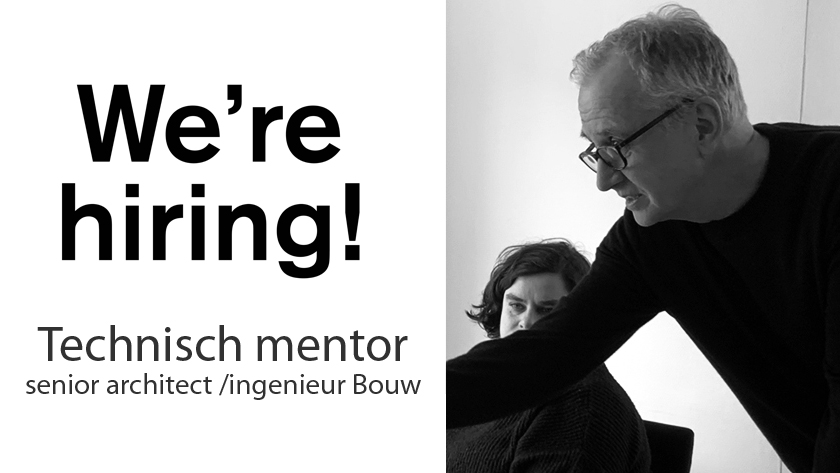 Recruitment banner: 'We're hiring!' for a senior architect / engineer Bouw role with two professionals pictured on the right side in grayscale.