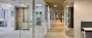 Bright, modern office hallway with glass-walled rooms on the left and a curved glass enclosure on the right; wood slat ceiling and light wood floor.