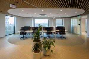 Modern open-plan office with a circular carpeted area, desks with computer monitors, and brown dividers; several potted plants in the foreground.