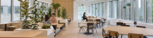 Bright, modern lounge/cafe with wooden tables, built-in planters, and large windows; several people seated and talking nearby.